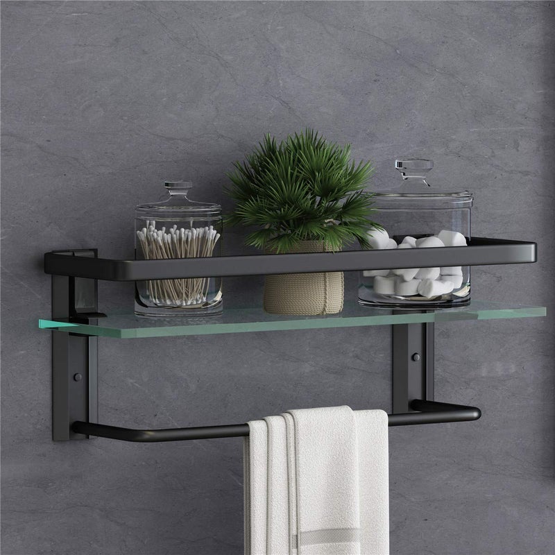 VOLPONE Bathroom Glass Shelf with Towel Bar- Black Bathroom Shelf Wall Mount Rustproof Bathroom Wall Organizer 1 Tier (Black) - Image 1